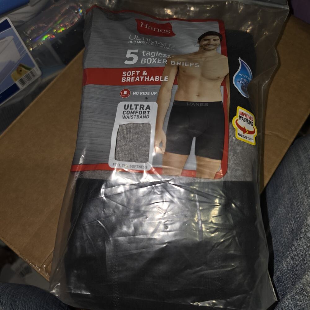 Hanes Tagless Boxer Briefs pack of 5 Black Gray 2X NWT